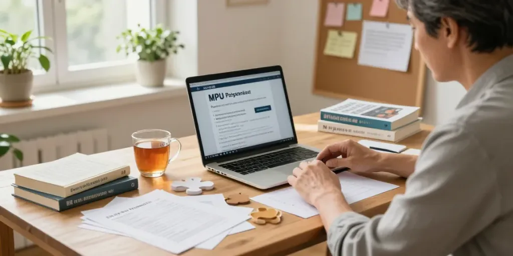 Vorbereitung auf MPU wegen Punkten in einem gemütlichen Arbeitszimmer mit Dokumenten und Laptop.